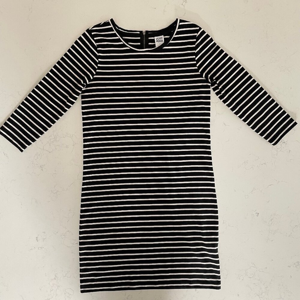 Vero Moda VMSKY 3/4 Sleeve Striped Poly Cotton Short Dress NOOS Blk + Wht Sz S